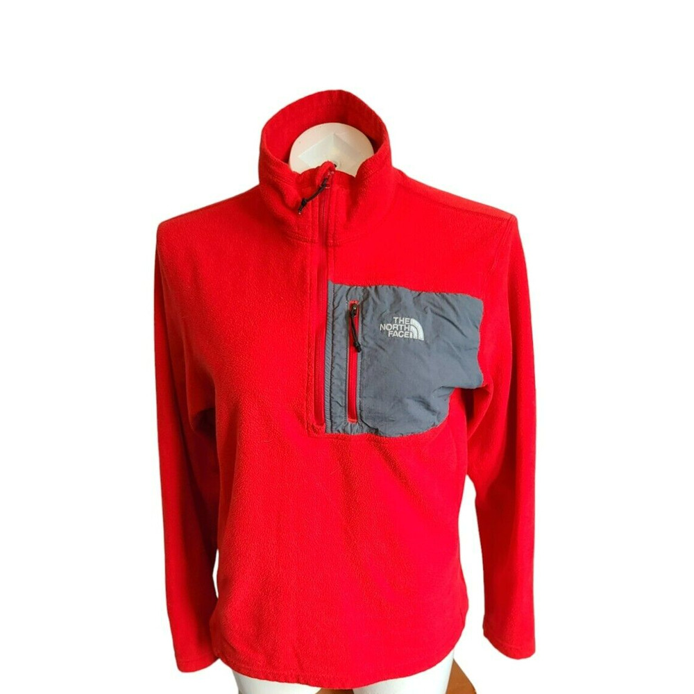 The North Face Red Quarter Zip Fleece Pullover Grey Chest Pocket Womens Medium